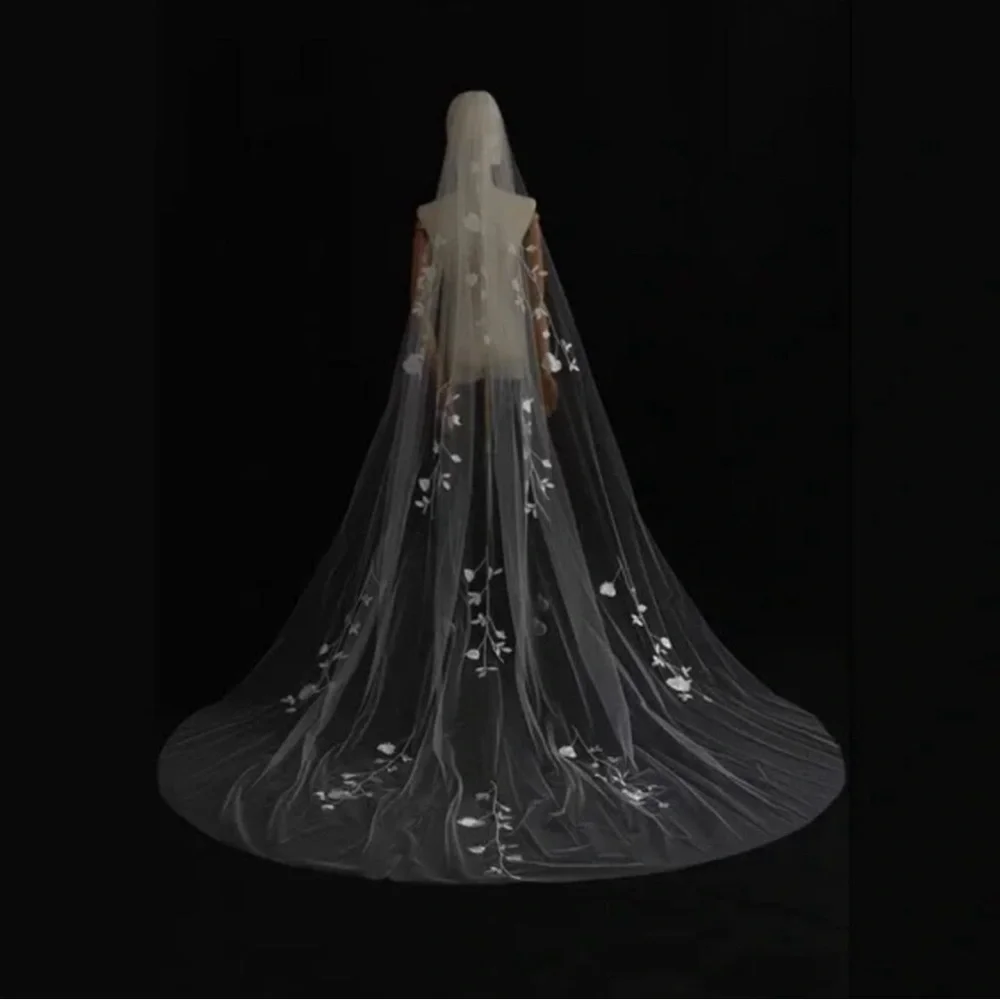 Bridal Long Veil with Floral Embroidery - Ivory